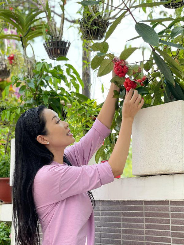 Á hậu Trịnh Kim Chi cho biết việc dạo vườn, thu hoạch trái cây mang lại cho cô sự thoải mái, vui vẻ.