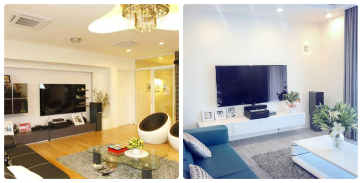 So với căn hộ rộng 300 m2 nằm ở tầng 14 của một tòa nhà chung cư có các cửa sổ nhìn ra Hồ Tây thơ mộng (ảnh trái), căn hộ cao cấp mới (ảnh phải) được Lã Thanh Huyền dọn về sinh sống vào tháng 2/2015 có thiết kế hiện đại, khác biệt.