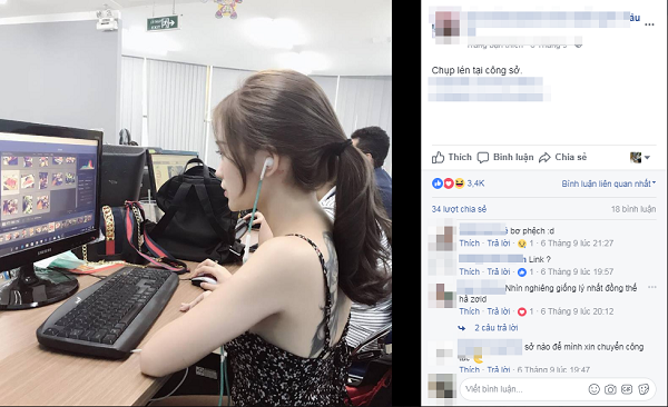 Vừa qua, bức hình "chụp lén tại công sở" đã gây ra cơn bão "không hề nhẹ" trên các diễn đàn trang mạng. Với góc chụp nghiêng nhưng thần thái của nữ chính vẫn toát lên vẻ xinh đẹp làm "chao đảo" dân mạng. Ngoài nhan sắc, dân tình còn xôn xao vì hình xăm táo bạo trên lưng và trang phục gợi cảm, gây tranh cãi của hot girl công sở này. Chỉ trong thời gian ngắn, bức ảnh đã thu hút gần 4.000 lượt like, bình luận của dân mạng.