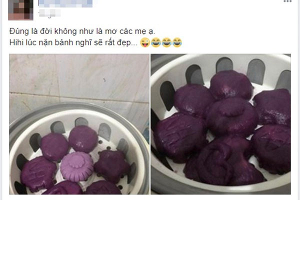 Trào lưu tự làm bánh trung thu nở rộ, khiến nhiều mẹ bỉm sữa cũng muốn trổ tài làm bánh. Tuy nhiên, bà mẹ H.T.H lại có những trải nghiệm làm bánh khiến nhiều người phải phì cười. Sau khi đăng tải hình ảnh thành quả làm bánh trung thu của mình, những bức hình của H.T.H đã nhận được hàng nghìn lượt yêu thích. Nhiều người đã bình luận chia sẻ đồng cảnh ngộ với cô nàng.