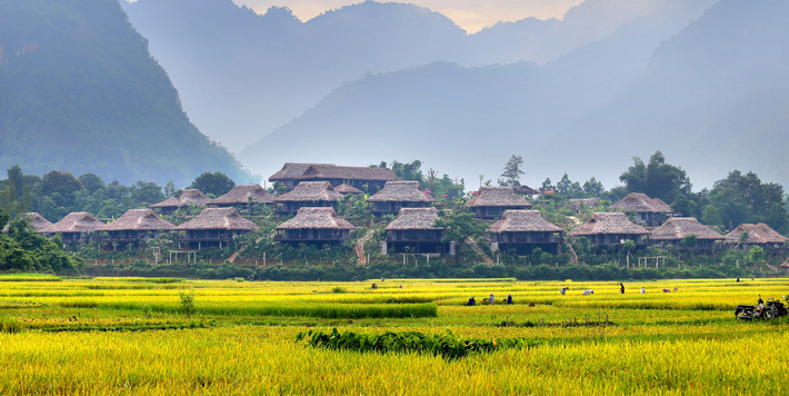 Nằm giữa đồng lúa, những homestay trong khu Mai Chau Ecolodge (Hòa Bình) trở thành nơi đi trốn được ưa thích vào mùa lúa chín. Ảnh: Xuyenviettourism.