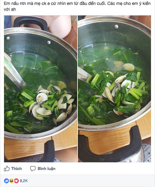 Xuất hiện trên rất nhiều trang mạng xã hội, bức hình bát canh ngao nấu rau cải của một nàng dâu đã làm bùng nổ một cuộc tranh luận "bất tận" của cư dân mạng. Bức hình chụp nồi canh ngao nguyên con nấu rau cải với chú thích "Em nấu như thế này mà mẹ chồng em cứ nhìn em từ đầu đến cuối. Các mẹ cho em ý kiến với ạ" thu hút hàng nghìn lượt yêu thích và bình luận. Ảnh: FB