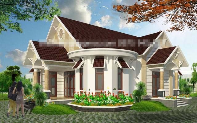 Mẫu biệt thự vườn 1 tầng mái thái theo kiến trúc Pháp có sảnh phụ và lối ra sau vườn. Ảnh: Thietkenhadepmoi.