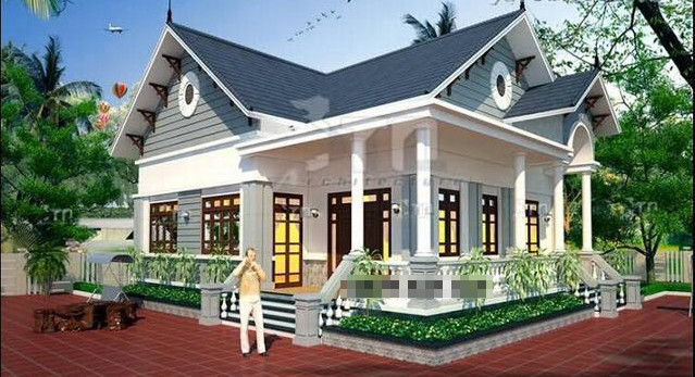 Biệt thự vườn 1 tầng kiểu Pháp mái thái 3 phòng ngủ thiên về tường trắng. Ảnh: Xulykhithai.