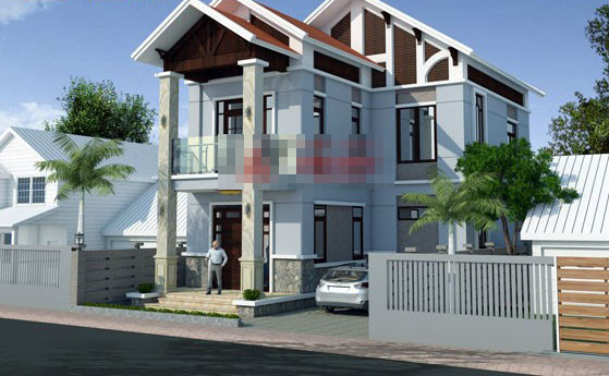 Nhà 2 tầng hình chữ L phong cách tân cổ điển nổi bật với hình khối vuông vức, khỏe khoắn. Ảnh: Angcovat.
