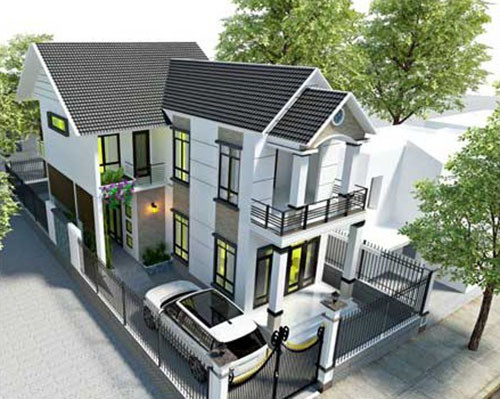 Được xây dựng trên mảnh đất hẹp nhưng ngôi nhà 2 tầng mái thái lại rất thông thoáng với sân tiền cảnh làm nơi đậu xe hơi rộng rãi và hành lang đón gió bao quanh. Ảnh: Maunhadepmoi.
