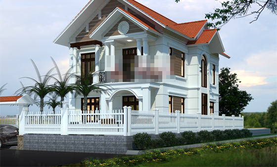 Nhà 2 tầng 1 tum có hiên trải dài và rộng với hàng cột độc đáo. Ảnh: Kientrucxanh.