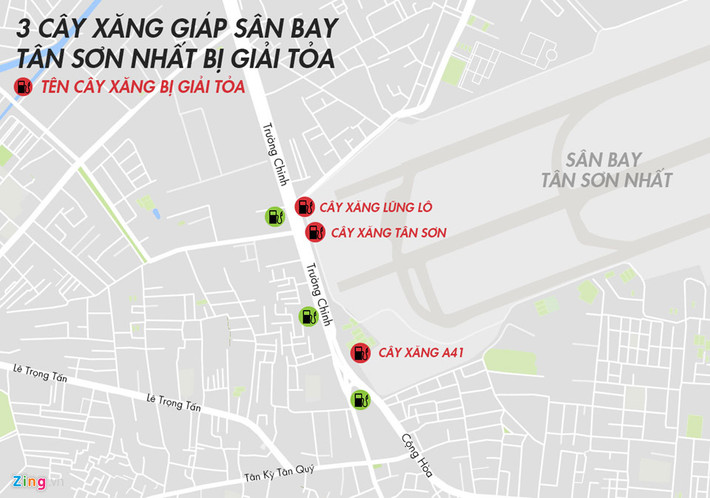 Vị trí 3 cây xăng gần khu vực sân bay Tân Tân Sơn Nhất sẽ bị giải tỏa. Đồ họa: Minh Trí.
