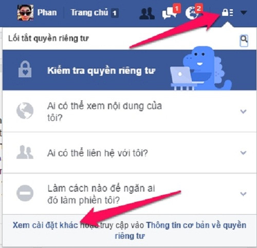 Đầu tiên, các bạn nhấn vào biểu tượng Riêng tư, chọn Xem cài đặt khác.