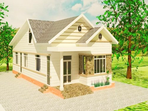 Nhà cấp 4 nổi bật với thiết kế đơn giản và tông màu trắng xám. Gạch ốp hoa văn ở bậc thềm và cửa sổ tạo điểm nhấn cho công trình. Ảnh: Noithattrevietnam.