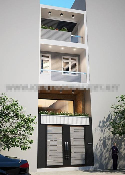 Nhà ống 3 tầng có tầng lửng, chừa 2 mét làm sân trước để tạo sự thông thoáng cho mặt tiền. Ảnh: Kientrucnhaviet.