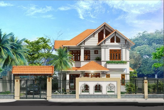 Ấn tượng ban đầu với ngôi biệt thự 2 tầng là màu sắc khá lạ mắt cộng với kiến trúc trang trí ngoại thất sân vườn độc đáo. Ảnh: Greenviet.
