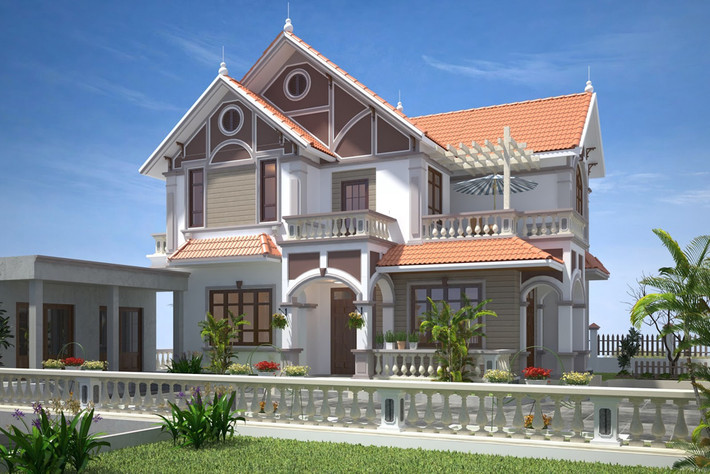 Hệ mái ngói kép kết hợp mái đua ở tầng 1 khiến ngôi nhà thật sự ấn tượng. Ảnh: Greenviet.