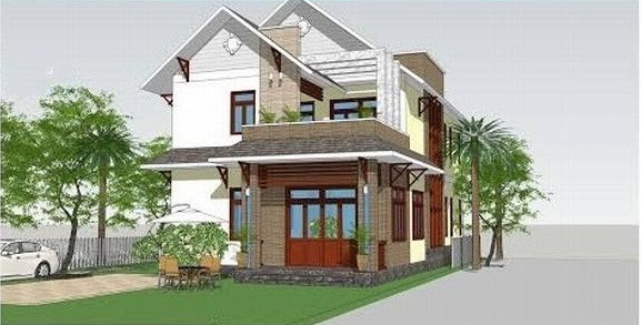 Mặt bằng thiết kế biệt thự 2 tầng giống kiểu biệt thự chữ L sân vườn bên hông. Ảnh: Thietkenhadepmoi.