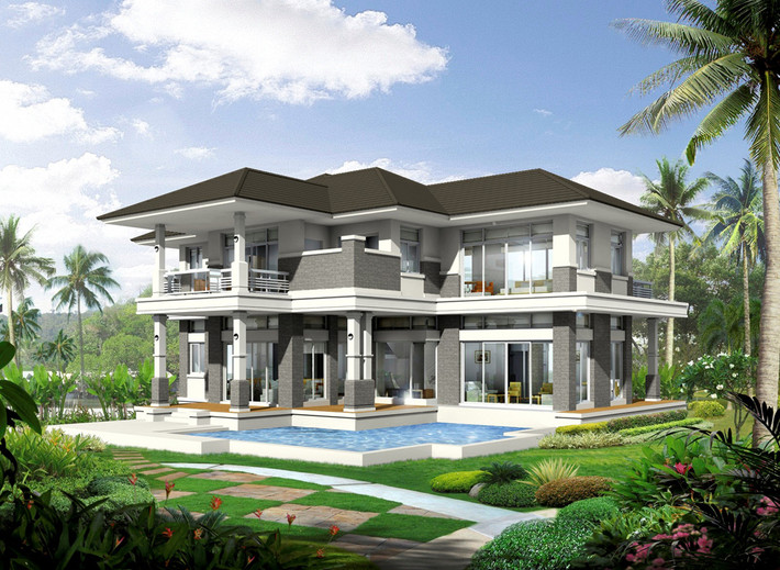 Biệt thự vườn kiểu dáng 3 gian mái thái hiện đại nổi bật với cảnh quan sân vườn kết hợp với hồ bơi tinh tế. Ảnh: Greenviet.