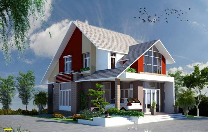 Sự điểm xuyết của sơn màu đỏ ở tầng 2 giúp ngôi nhà thêm phần ấn tượng. Ảnh: Kientrucvietas.