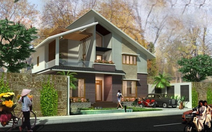 Nhà mái lệch đẹp hiện đại với thiết kế phần không gian nhà lùi vào bên trong. Phía bên phải thiết kế không gian rộng, vừa làm sân vườn, vườn kết hợp garage để xe. Ảnh: Kientrucvietas.