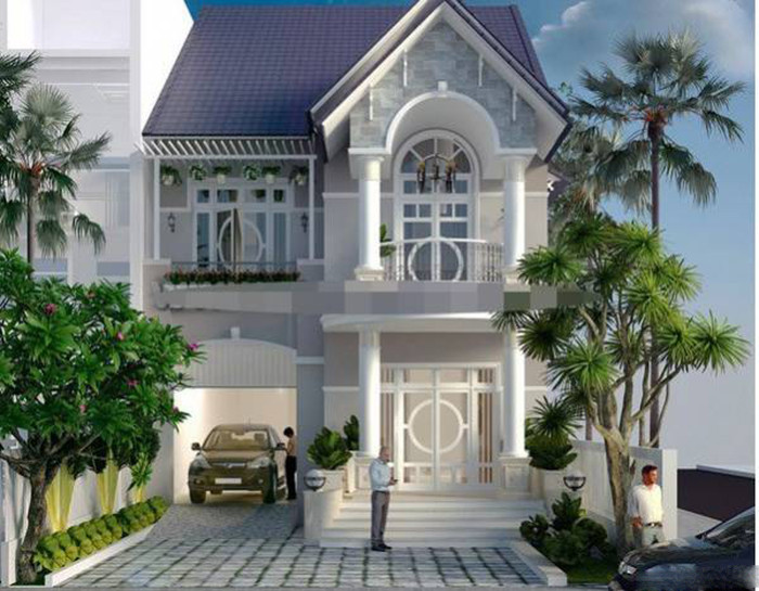 Sơn tường màu sáng kết hợp mái ngói xám tạo tính tương phản, nổi bật cho ngôi nhà 2 tầng mái thái tân cổ điển. Ảnh: Thanglongarc.