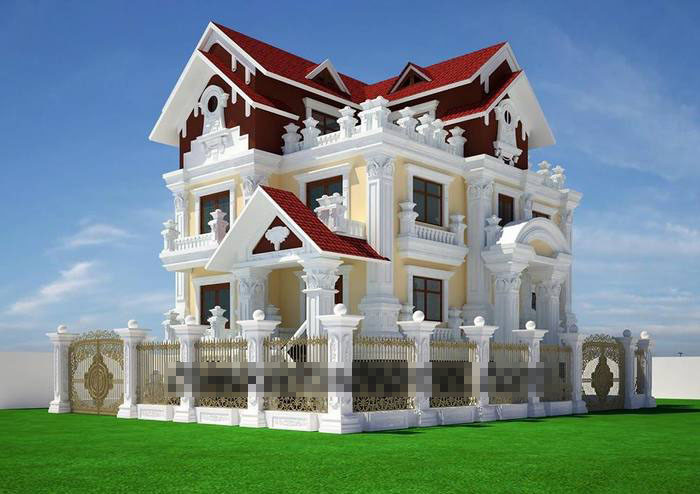 Dựa trên phong cách cổ điển Pháp, lâu đài có tường rào che chắn và 2 cổng lối vào. Thiết kế loại bỏ các chi tiết cầu kỳ nhưng vẫn giữ được nét mềm mại tươi nguyên của kiến trúc cổ. Ảnh: Thietkenhadepmoi.