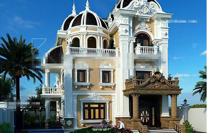 Được thiết kế theo phong cách Pháp tân cổ điển, lâu đài 3 tầng tận dụng góc vuông đất làm rộng diện tích sử dụng cho gia đình. Ảnh: Katahome.