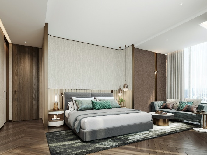 Phòng ngủ chính đặt ở tầng trên căn hộ; 4 phòng tắm trong đó có hai phòng tắm ensuite (phòng tắm kết nối trực tiếp với phòng ngủ). Ảnh: Masterise Homes