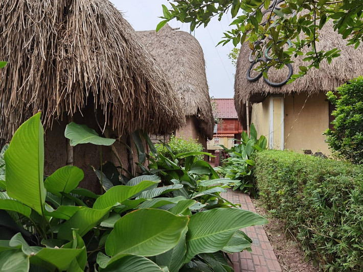 Trên nóc nhà có 5 ụ rơm nhỏ, gọi là các con rơm hay "ngũ phúc", là các thanh tre, thép, được cuộn rạ để bắt chặt mái, tránh gió bão và cũng để trang trí cho mái nhà. Ảnh: VTCnews