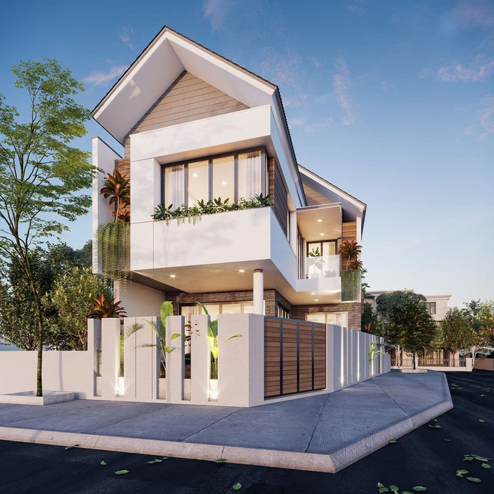 Với lợi thế hai mặt tiền, gia chủ có thể chọn nhiều phong cách thiết kế nhà phố khác nhau như mái thái, mái bằng để tối ưu không gian đồng thời không phá vỡ vẻ đẹp sang trọng của ngôi nhà. Ảnh: Noithattugia