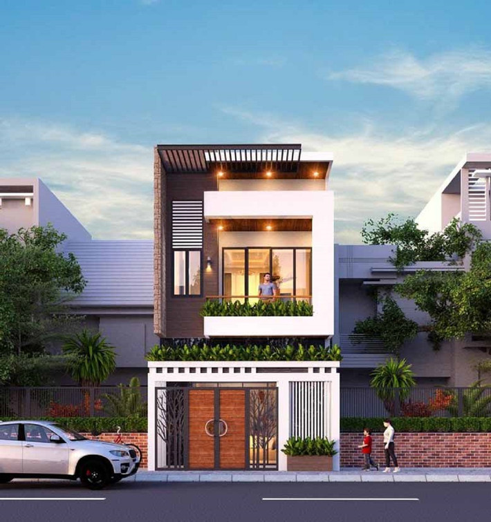Nhà phố mái bằng có điểm nhấn chính là các khối hình hộp. Mặt tiền căn nhà thông thoáng giúp đón gió tốt và che nắng hiệu quả. Kết cấu độc đáo này giúp việc bố trí công năng bên trong khoa học hơn. Ảnh: Noithattugia