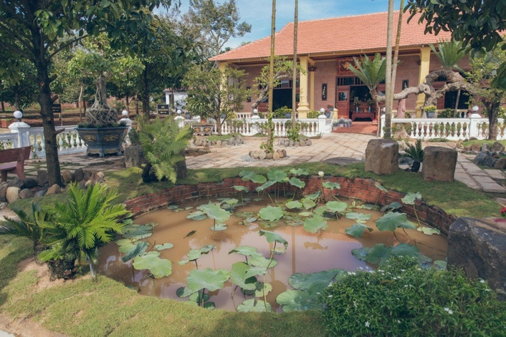 Bên trong biệt phủ có nhiều cây xanh, hồ sen gần gũi với thiên nhiên.