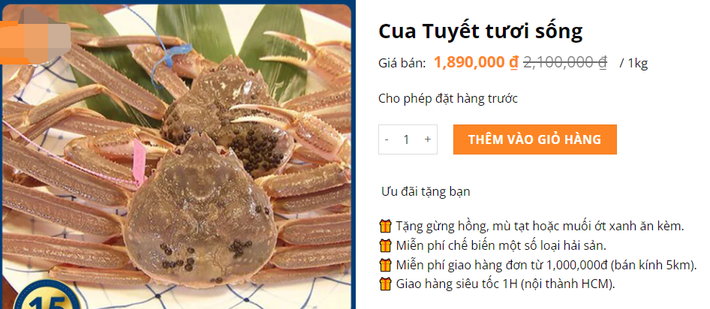 Cua tuyết tươi sống được nhập khẩu chính ngạch từ Nga và Na Uy có giá dao động từ 1,7 - 2 triệu đồng/kg. Ảnh: Hieuhaisan
