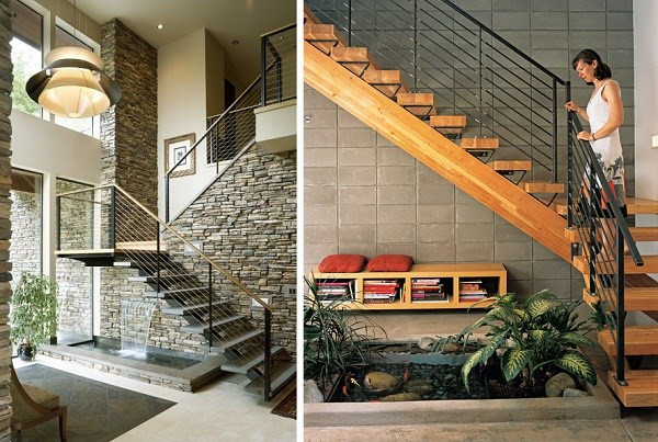 Những tiểu cảnh hồ dưới gầm cầu thang được xem là giải pháp tạo cảnh quan tốt cho nhà đô thị chật hẹp, thiếu sân vườn cây xanh.