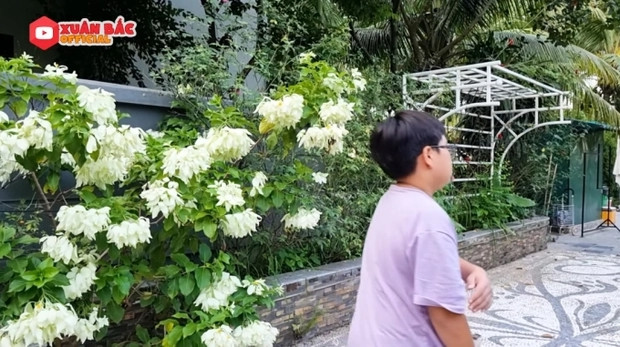 Cổng vào biệt thự có nhiều loại hoa rực rỡ. Ảnh chụp màn hình