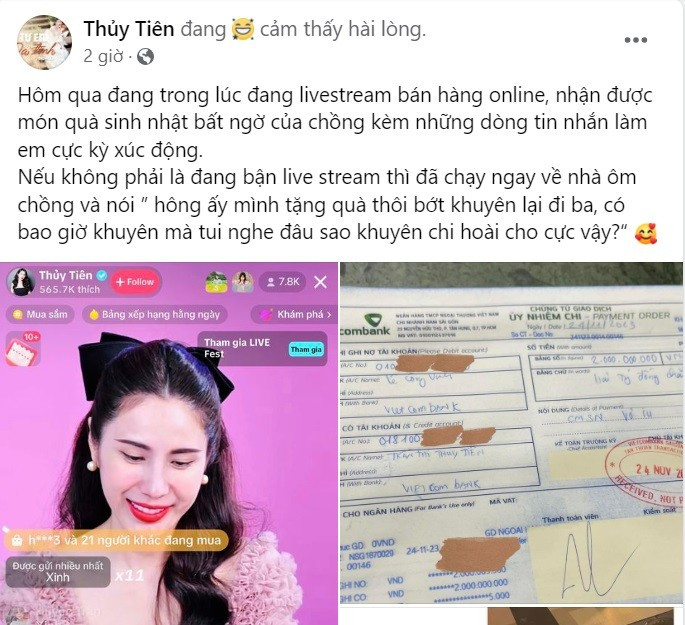 Mới đây, ca sĩ Thủy Tiên khoảnh khắc tràn ngập hạnh phúc khi nhận được món quà sinh nhật đặc biệt từ ông xã Công Vinh. Công Vinh không chỉ chúc mừng sinh nhật vợ mà còn chuyển khoản 2 tỷ đồng, thể hiện sự chân thành và tình cảm giữa đôi vợ chồng. Ảnh chụp màn hình