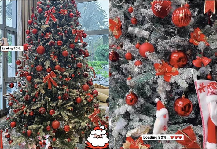 Ca sĩ Bảo Thy quyết định sẽ tự trang trí và thay áo đỏ cho cây thông, cũng tăng chiều cao cho ông già Noel lên 1 mét.