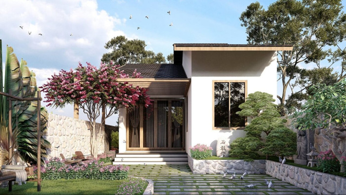 Mẫu nhà cấp 4 sở hữu kiến trúc đơn giản, mộc mạc, với hình vuông, lợp mái ngói giúp tăng khả năng chống nóng. Ảnh: Noithatugia