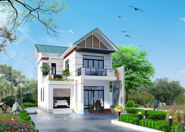 Mẫu nhà 2 tầng mái thái thiết kế đơn giản, hiện đại phù hợp với vợ chồng trẻ. Ảnh: Noithatmanhhe