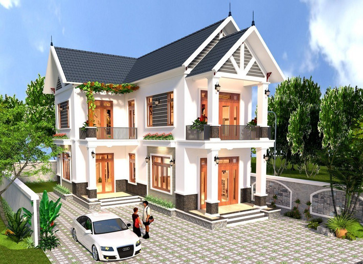 Mẫu nhà mái thái hình chữ L sở hữu không gian đẹp, thiết kế hiện đại với cửa gỗ kính ấn tượng. Ảnh: Wedo
