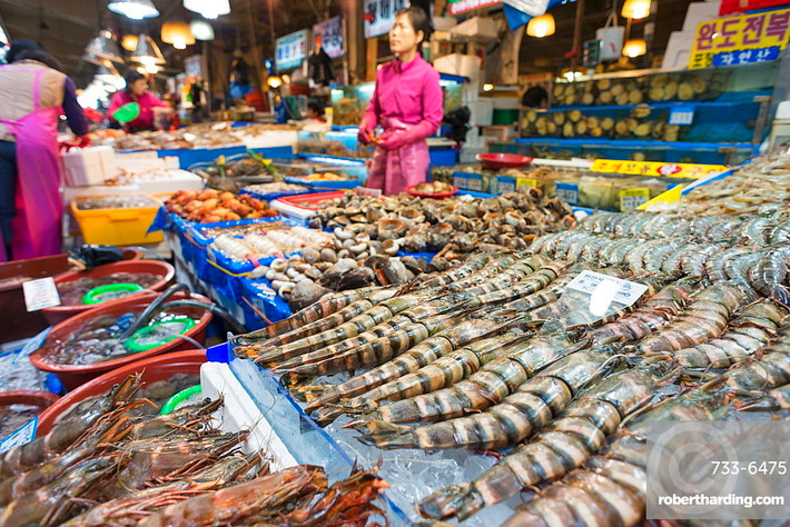 Noryangjin là nơi tập trung tất cả các loại hải sản tươi ngon của thành phố như tôm, cua, cá biển, các loại ốc, bạch tuộc và đặc biệt loại nào cũng rất to. Ảnh: Robert Harding.