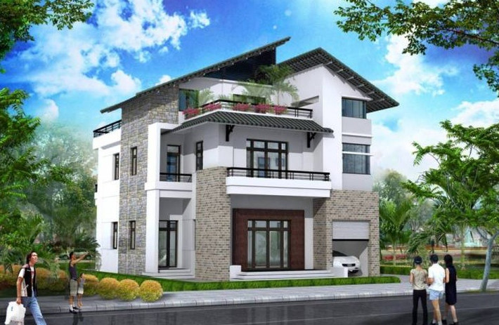 Điểm nhấn của biệt thự là mái chéo tách rời cùng mặt tiền thoáng đãng, rộng với 2 lối đi. Ảnh: Kientrucvietas.