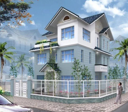 Biệt thự 3 tầng có một mặt tiền là cửa chính, một mặt tiền là khu vực cửa đi vào gara. Ảnh: Thietkethicongnhadep.