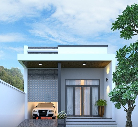 Ngôi nhà tận dụng góc bên hông nhỏ để làm chỗ đậu xe tiện dụng. Ảnh: Holcim.