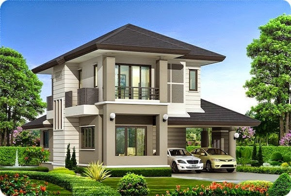 Nhà 2 tầng sở hữu không gian thoáng mát, có sân vườn phía trước. Một bên là cửa vào gara, một bên là cửa chính đón khách. Ảnh: Internet.