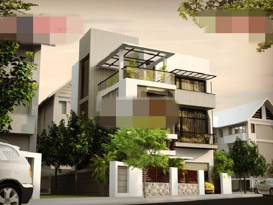 Nhà 3 tầng chữ L khắc phục nhược điểm của miếng đất hình thang. Để tạo sự vuông vắn, chủ nhà cho xây dựng một hàng rào chéo phía trước. Ảnh: Angcovat.