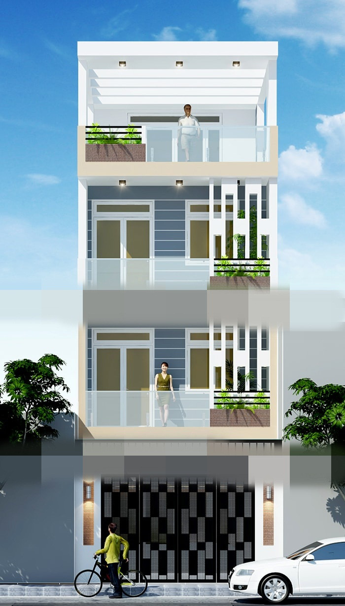 Mặt tiền công trình mang dáng vẻ hiện đại, trang nhã nhờ nhờ sự kết hợp của gam màu trắng xám chủ đạo. Ảnh: Namlongcons.