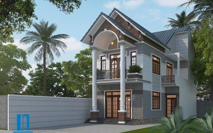 Nhà 2 tầng mái thái có thiết kế chữ L đặt lùi sâu vào phía trong nhưng vẫn để khoảng vườn nhỏ đảm bảo lấy ánh sáng. Ảnh: Thietkethicongnhadep.