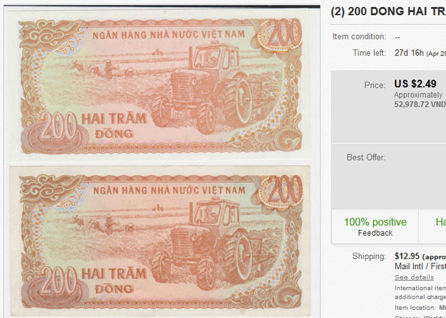 Năm 2014, tờ tiền 200 đồng của Việt Nam được rao bán trên một số trang mạng trực tuyến với mức giá 2,49 USD chưa kể phí giao hàng, cao gấp 260 lần giá trị thực. Ảnh: Zing.