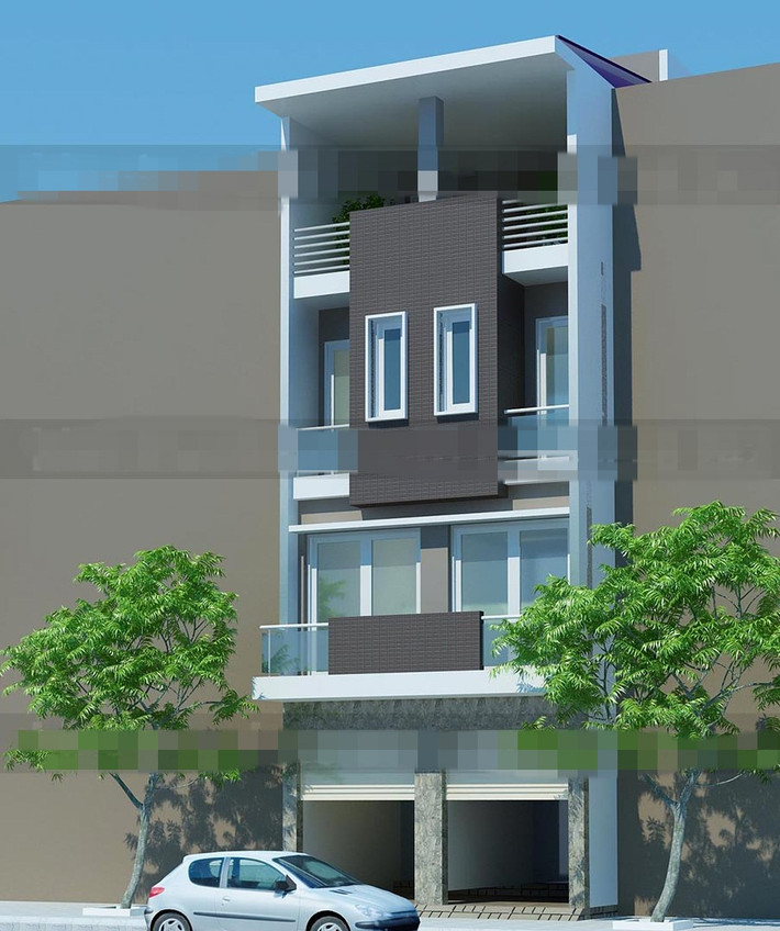 Nhà ống 4 tầng ghép đôi lệch tầng phong cách hiện đại. Ảnh: Kientrucdmc.