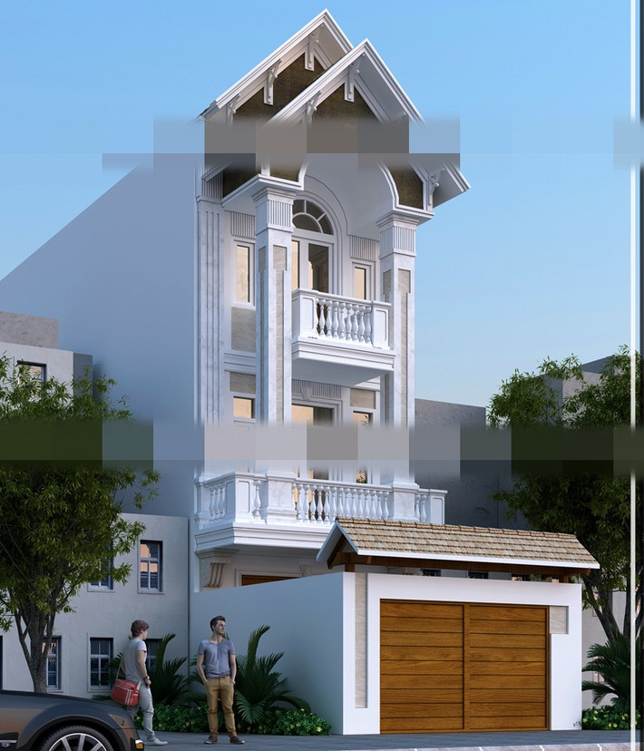 Nhà phố 3 tầng có cổng màu gỗ nổi bật trên nền tường trắng. Ảnh: Kienanvinh.