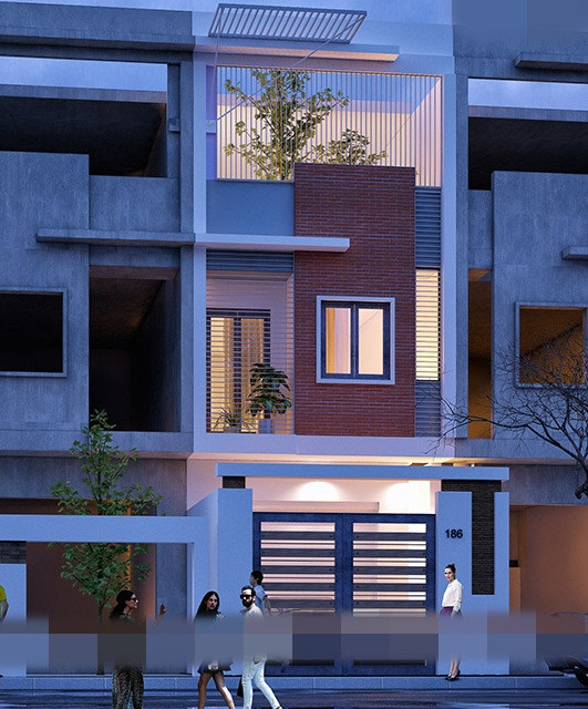 Mẫu nhà 3 tầng hiện đại với tường gạch trần tạo điểm nhấn ở tầng 2. Ảnh: Housevn.