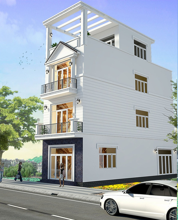 Cửa kính lớn làm tăng vẻ đẹp hiện đại của mẫu nhà phố tân cổ điển. Ảnh: Kienphat.